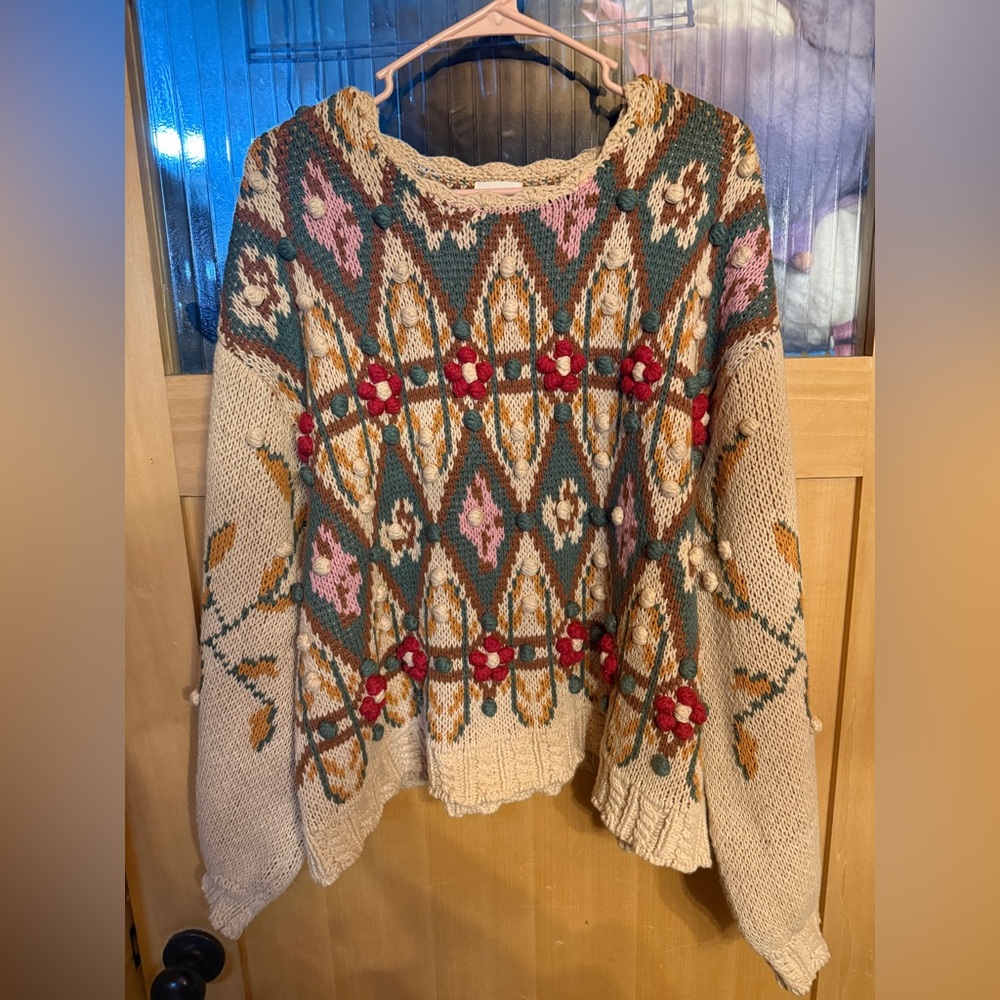 POL Scoop Neck Floral Fair Isle Sweater - Cream, Teal, Mustard, Pink, Red